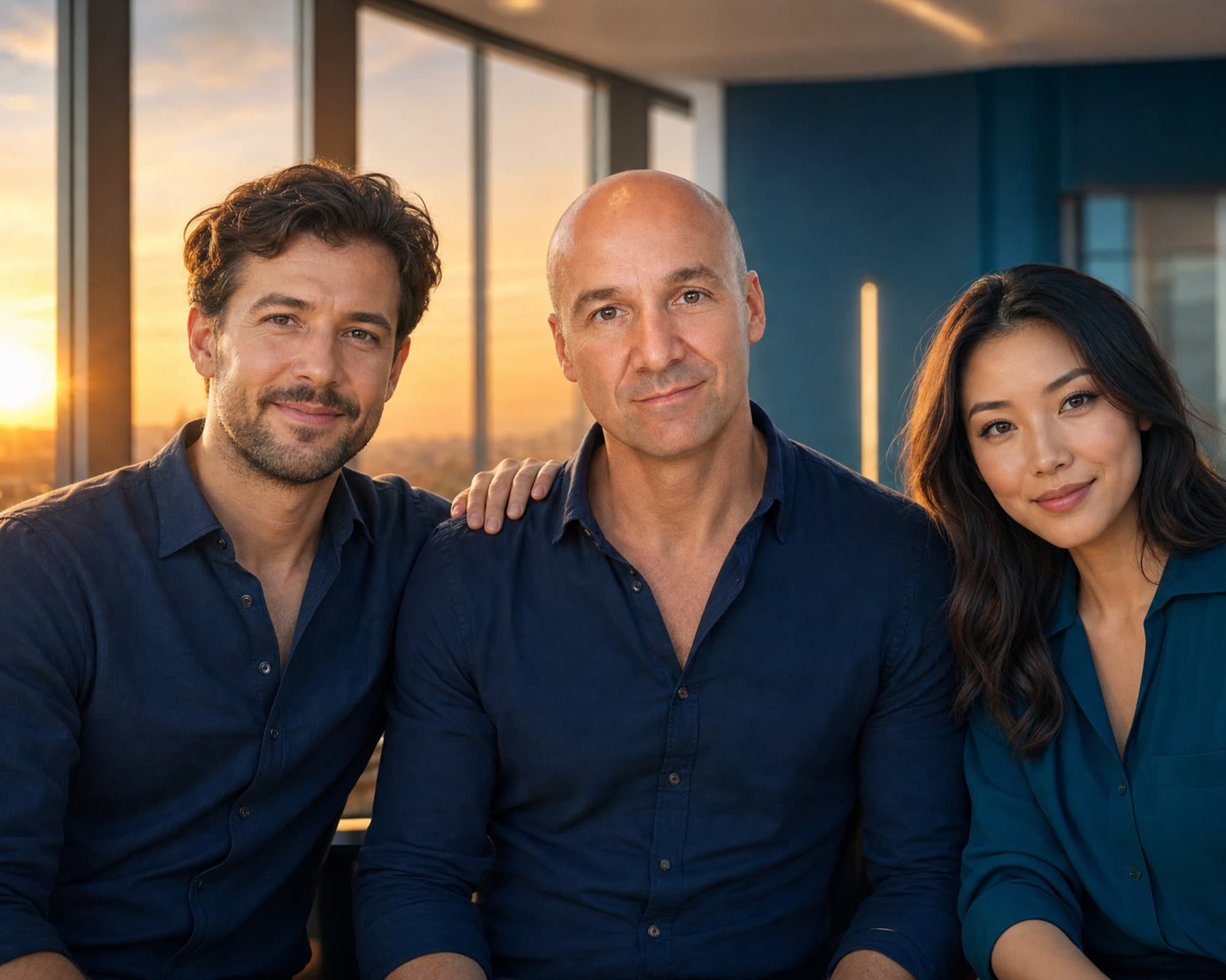 Three people sitting together in a modern office, smiling towards the camera, with a sunset through the window behind them